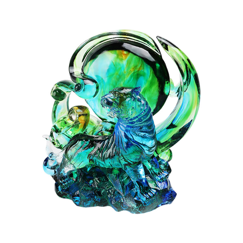 Blauwgroene transparante kristallen glazen tijgerornamenten