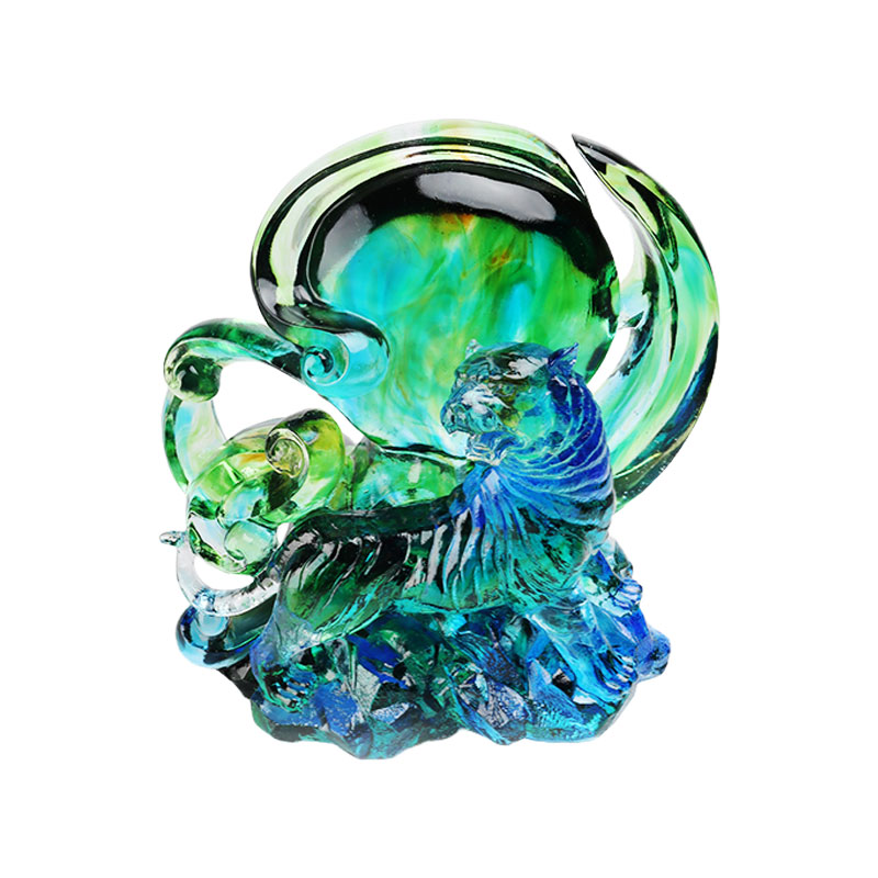 Blauwgroene transparante kristallen glazen tijgerornamenten