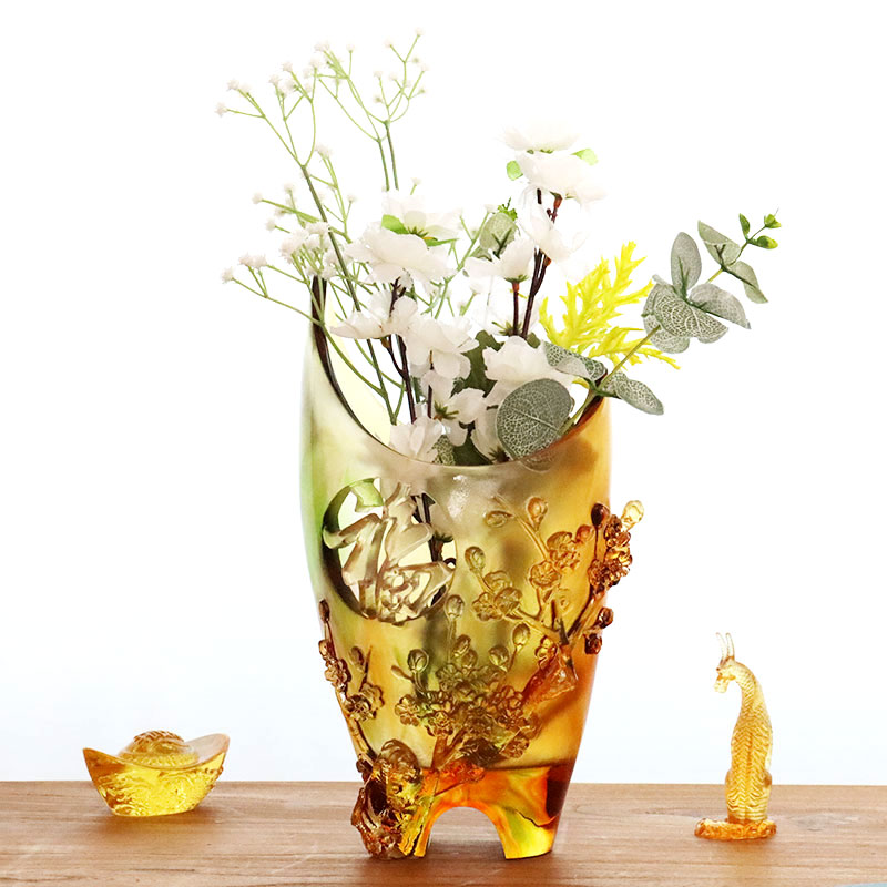 Home Decorations Pruimenbloesem Gesneden Design Amber Glazen Vaas