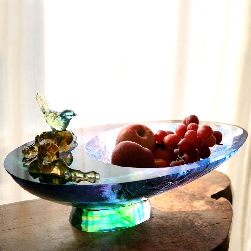 Kristallen glazen fruitschaal met vogeldecoratie