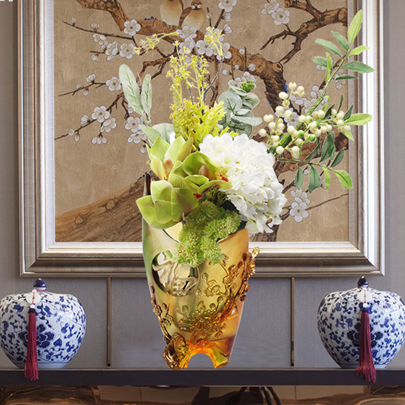 Home Decorations Pruimenbloesem Gesneden Design Amber Glazen Vaas