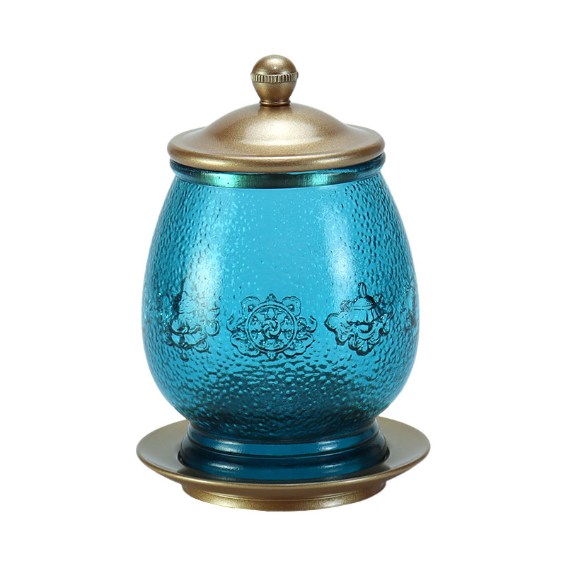 Koninklijk Blauw Acht Gunstige Symbolen Boeddhistisch Altaar Kristalglas Aanbod