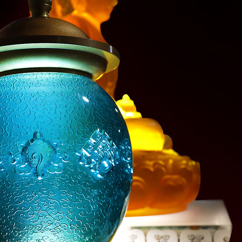 Koninklijk Blauw Acht Gunstige Symbolen Boeddhistisch Altaar Kristalglas Aanbod