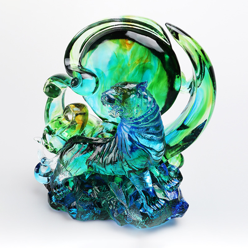 Blauwgroene transparante kristallen glazen tijgerornamenten